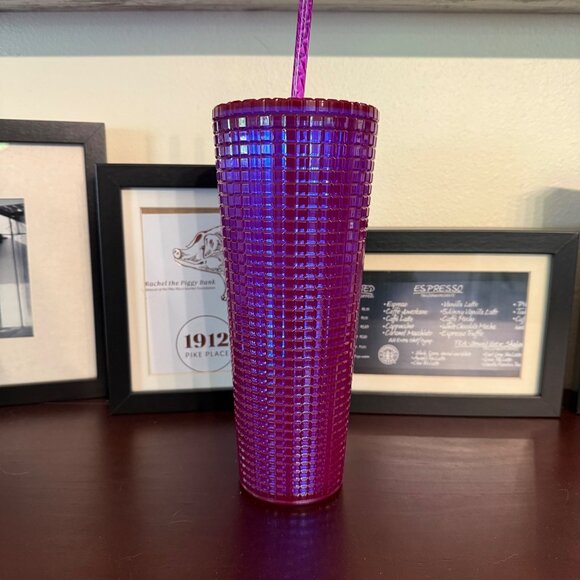 Starbucks Summer 2024 Iridescent Magenta Purple Grid 20oz Tumbler NWT - Picture 2 of 7